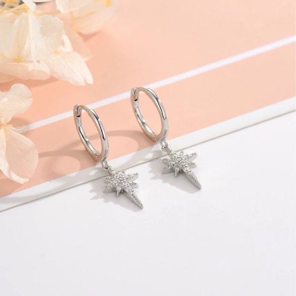 14k Gold Star Diamonds Huggie Hoop Earrings Sterling Silver - Picture 6 of 9